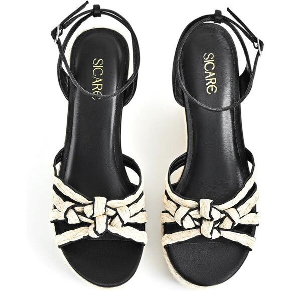 Sicare Open Toe Wedge Raffia Black Women Espadrilles Braided Strappy Sandal - Picture 10 of 10
